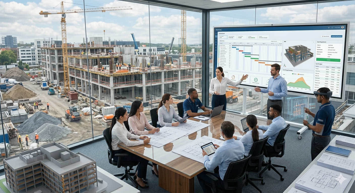 Construction site in the UAE with a project management dashboard